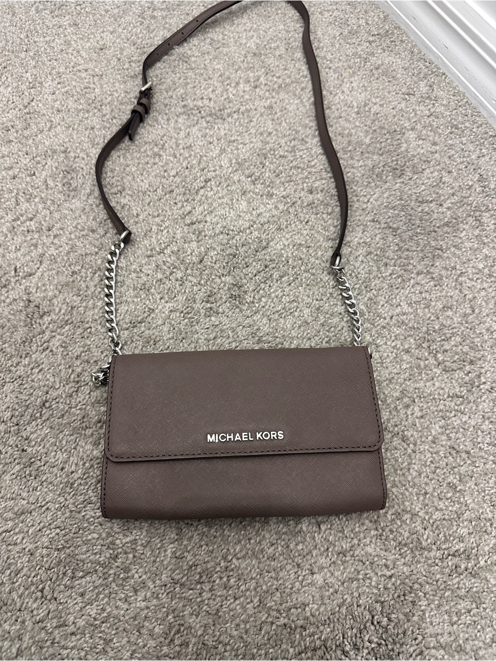 Michael Kors Taupe Brown Crossbody Wallet with Silver Chain